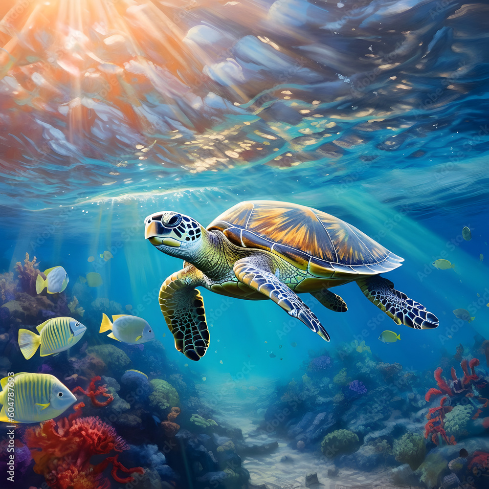 Sea turtle or marine turtle swimming in ocean. AI generated Sea turtle or marine turtle swimming in ocean. AI generated