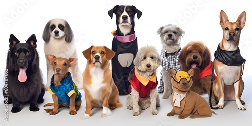 Different types and sizes of dogs group with clothing. AI generated.