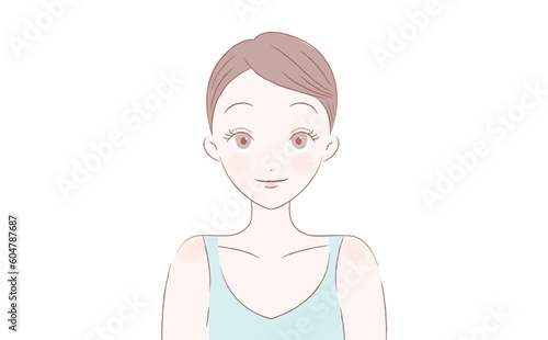 エステ・美容サロンにぴったりの笑顔のショートカットヘアの女性イラスト素材_フェミニン手描き風ベクター_水色系