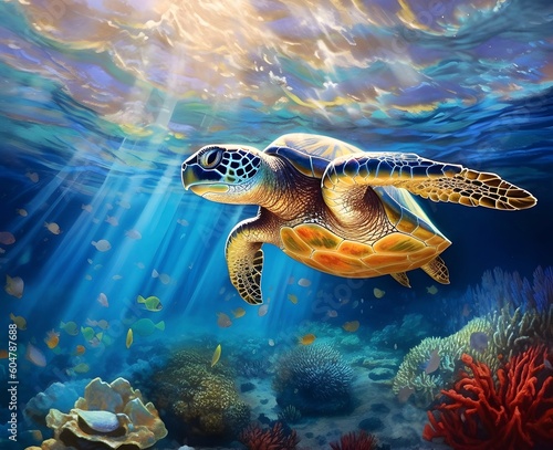 Sea turtle or marine turtle swimming in ocean. AI generated