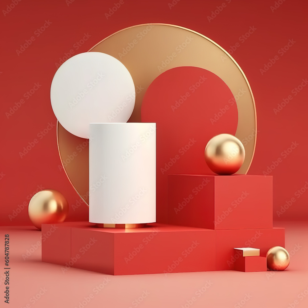 Red room with white cylinder pedestal. Generative AI Red room with white cylinder pedestal. Generative AI