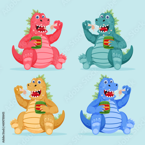 Cute Giant Cartoon Lizard Smiling and Eating Snack Happily Characters Collection