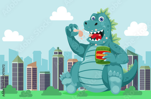 Cute Lizard Monster Cartoon Character Eating Crackers Snack in the City