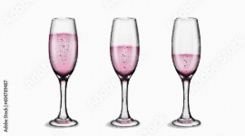 Flute glass with rose pink bubble wine isolated vector on transparent background. Realistic wedding party sparkling prosecco wineglass toast. Luxury goblet with stem grape drink illustration design