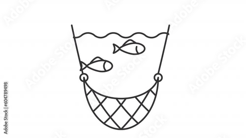 Animated fishing net line icon. Catching fish with net animation. Boat accessory. Deep sea. Marine life. Loop HD video with alpha channel, transparent background. Outline motion graphic