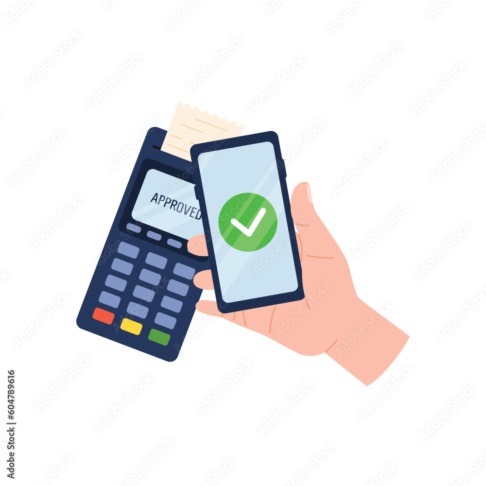 Payment terminal and hand holding smartphone flat style Payment terminal and hand holding smartphone flat style
