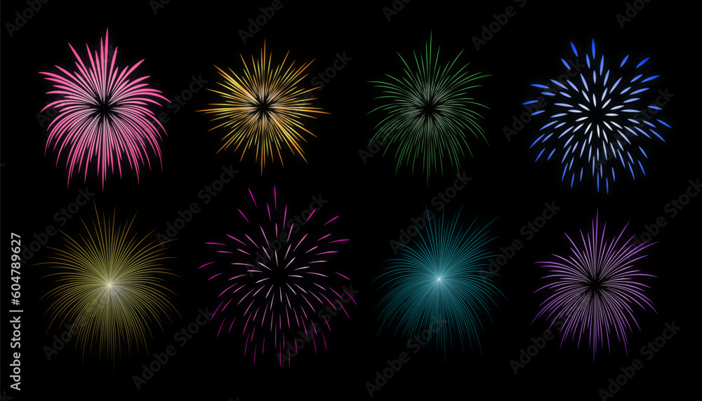 Fireworks set vector illustration isolated on black background. Colorful fireworks collection.