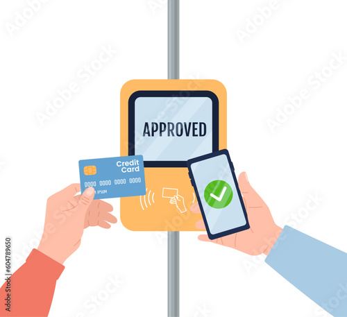 Payment with smartphone and credit card, flat vector illustration isolated.