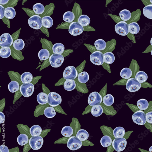 Cute vector seamless pattern with blueberries and leaves on dark background hand drawn vector illustration