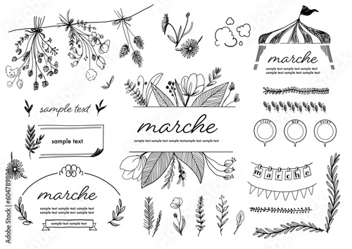 手描き花装飾テキスト、フレーム、ドライフラワーとデザイン要素セット。チラシやバナー制作に