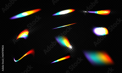 Crystal rainbow light leak flare reflection effect vector illustration set. Colorful optical rainbow lights beams lens flare leak overlay streaks on transparent dark background.