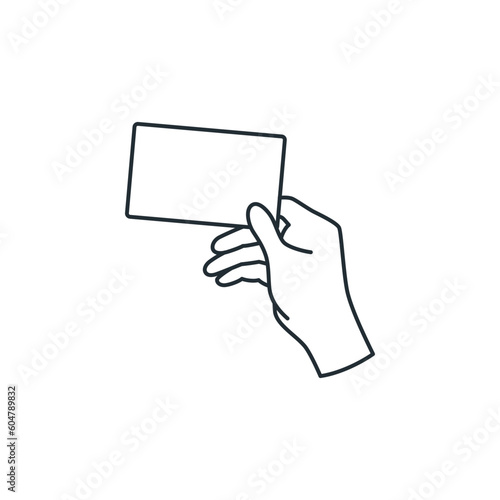 Hand holds blank business card or credit card, outline vector illustration isolated on white background.
