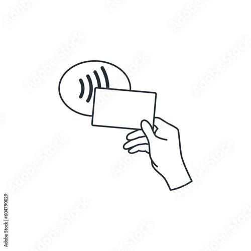 Black outline icon with human and holding bank plastic card under NFC payment symbol
