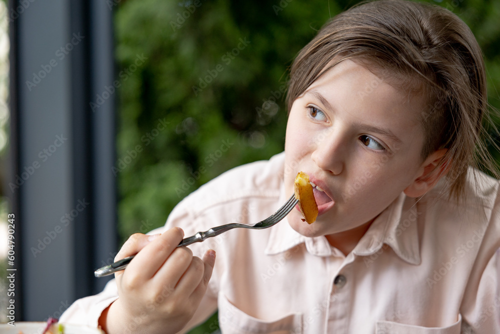 Teen boy has fried fries potatoes in outdoor cafe Teen boy has fried fries potatoes in outdoor cafe