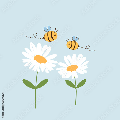 Daisy flower garden and bee cartoons on green mint background vector illustration.