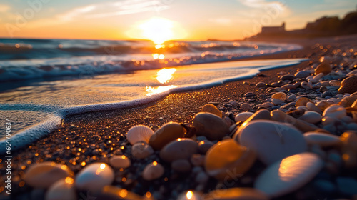 Sunset on the beach with seashells and pebbles © Lohan