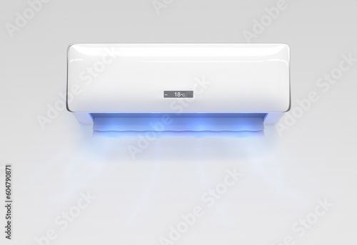 Air conditioner with flow of cold wind wave 3d render. Split system, cooler with blowing fresh clean blue air for home and office. Realistic mockup of electronic appliance front view. 3D illustration