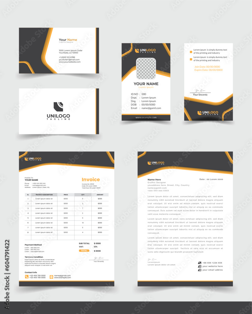 Fototapeta premium Corporate Brand Identity Mockup set with digital elements. Editable vector. Business card, Id card, Invoice, letterhead, 