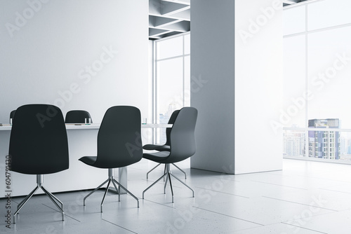 Contemporary concrete meeting room interior with mock up place on wall  window and city view. 3D Rendering.