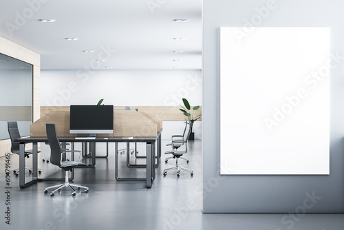 Modern wooden and concrete coworking office interior with blank mock up banner on wall, glass, reflections and furniture. 3D Rendering.