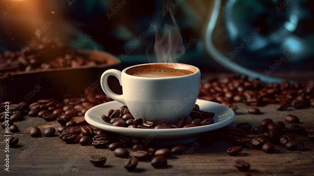 coffee cups and coffee beans on a wooden table Generative AI coffee cups and coffee beans on a wooden table Generative AI