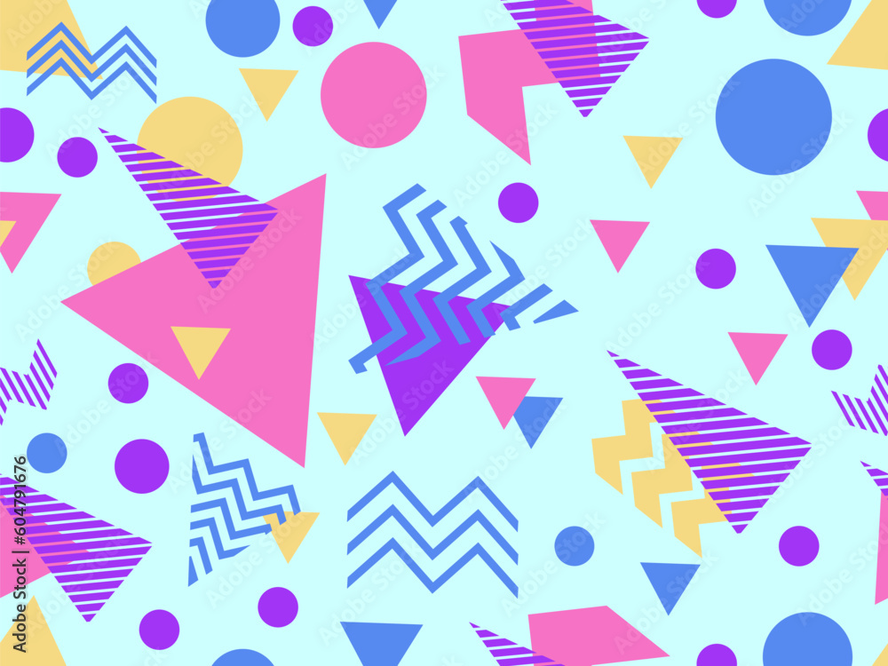Seamless pattern with geometric shapes in 80s memphis style. Colorful geometric pattern with triangles, dots, zigzags and stripes. Design for print, banners and wallpapers. Vector illustration