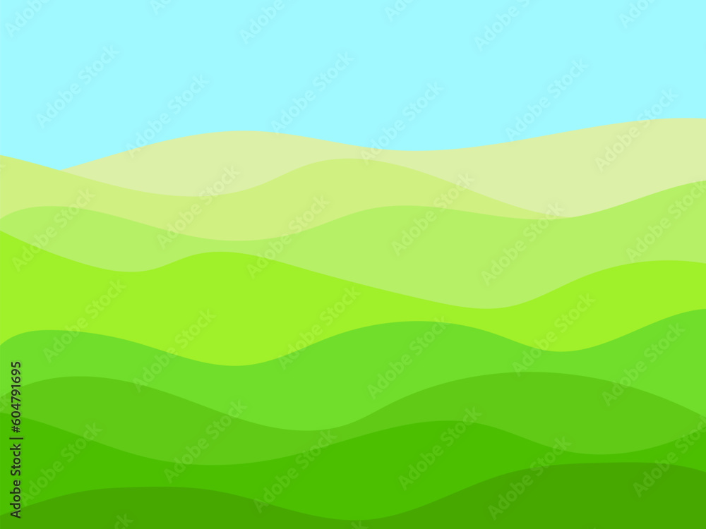 Green wavy landscape with blue sky in minimalist style. Summer landscape with fields and meadows. Typographic boho decor for wrappers, posters and interior design. Vector illustration