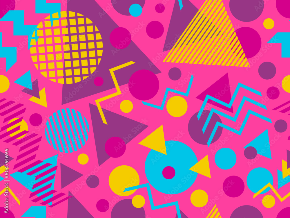 Seamless pattern with geometric shapes in 80s memphis style. Colorful geometric pattern with triangles, dots, zigzags and stripes. Design for wrappers, banners and posters. Vector illustration Seamless pattern with geometric shapes in 80s memphis style. Colorful geometric pattern with triangles, dots, zigzags and stripes. Design for wrappers, banners and posters. Vector illustration