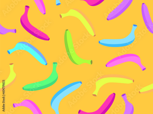 Seamless pattern with colorful bananas on a orange background. Exotic multi-colored bananas in the style of the 80s. Design for posters, wrapping paper and wallpapers. Vector illustration