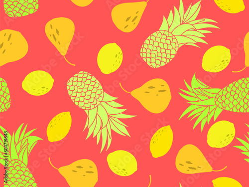 Seamless pattern with pineapples, lemons and pears. Fruit mix tropical summer background. Design of printing, banners and promotional materials. Vector illustration