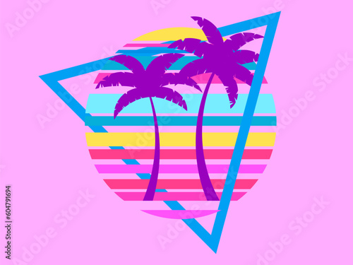 Palm trees at sunset in the style of the 80s in a triangular frame isolated on a pink background. Retro striped sun with stripes of different colors. Design for banner and poster. Vector illustration