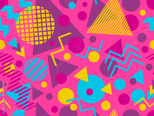 Seamless pattern with geometric shapes in 80s memphis style. Colorful geometric pattern with triangles, dots, zigzags and stripes. Design for wrappers, banners and posters. Vector illustration
