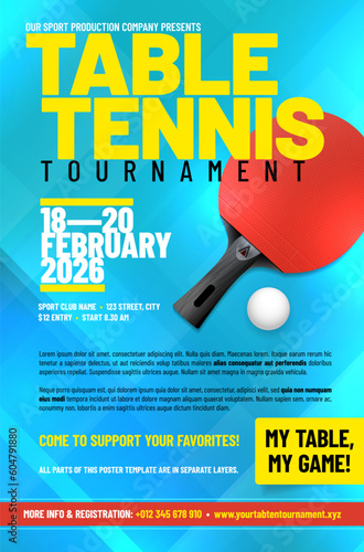 Table tennis tournament poster with racket and ball