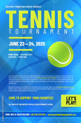 Tennis tournament poster template with ball and racket silhouette