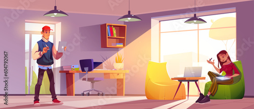 Young man and woman working at home office. Vector cartoon illustration of startup company employees in light room with large window, desk and chairs using laptop, tablet, thinking over creative ideas