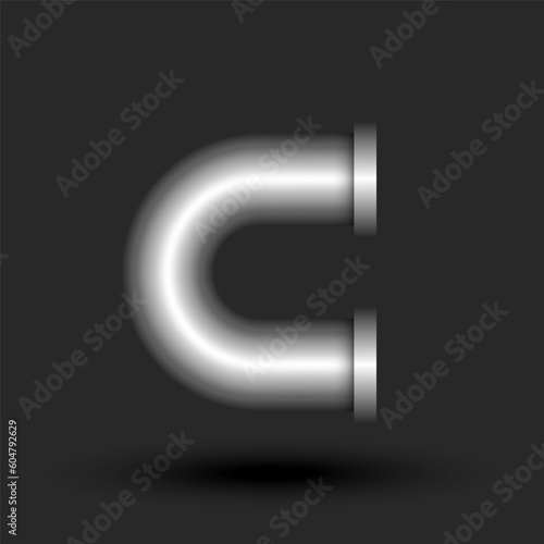 Bold letter C logo monogram 3d steel strong pipe with flanges smooth curve shape, silver colored creative typography logomark, industrial logotype.