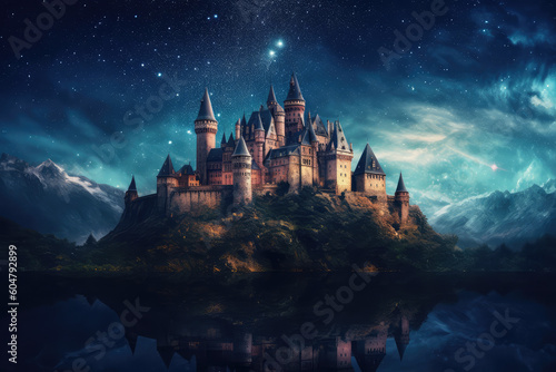 magical castle under starry night sky, fantasy landscape, stunning illustration, generative AI