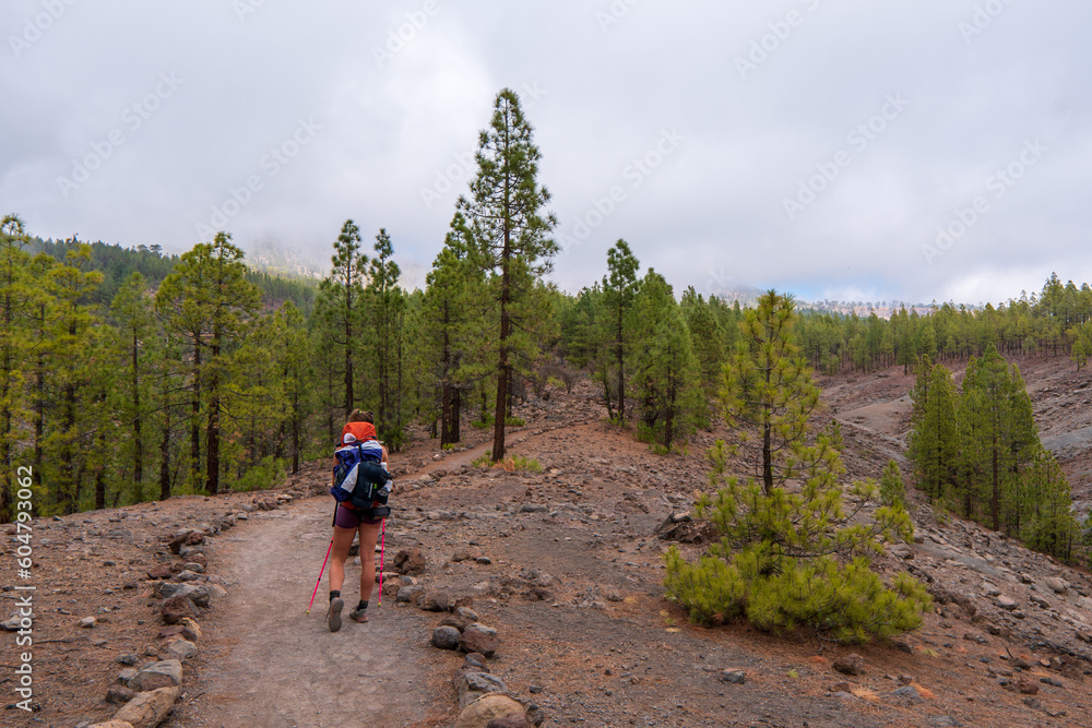 Woman with backpack walking on a panoramic hiking trail in the mountains of Anaga massif between Afur and Taganana on Tenerife, Canary Islands, Spain, Europe. Hill landscape in UNESCO Anaga rural park