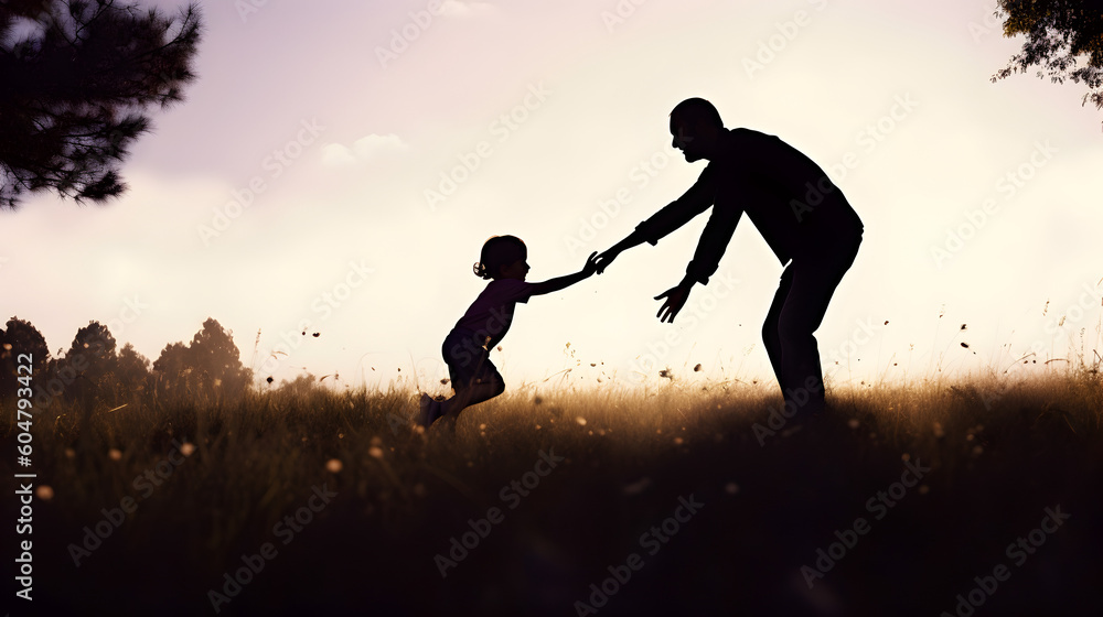 Father and his child at sunset. Concept of happy father day. AI generated
