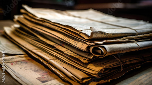 Stack of old newspapers on a wooden table