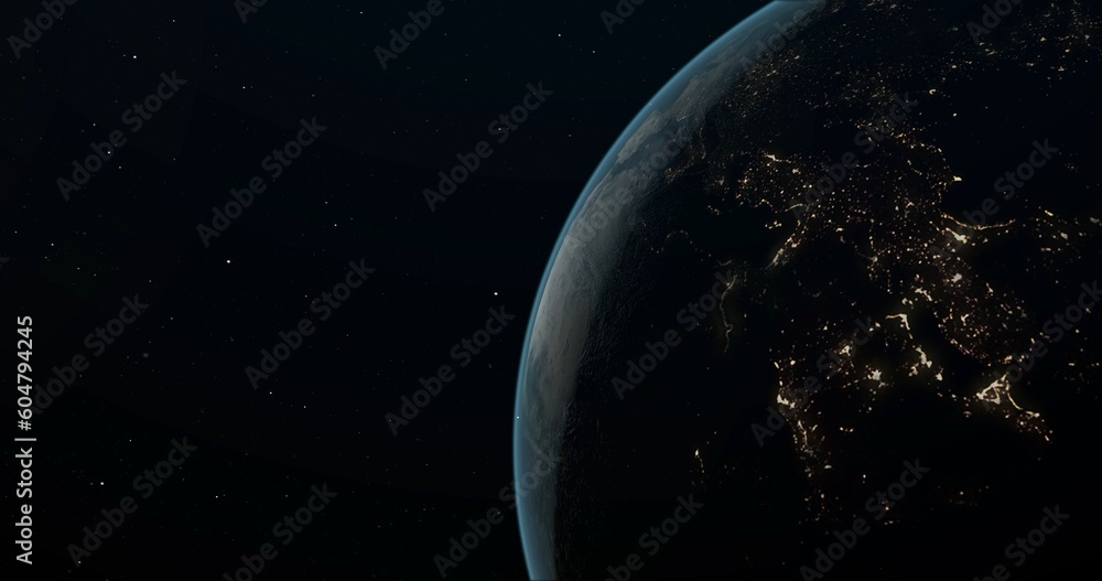 Planet Earth in outer space. Lights of cities on the nightside of planet.