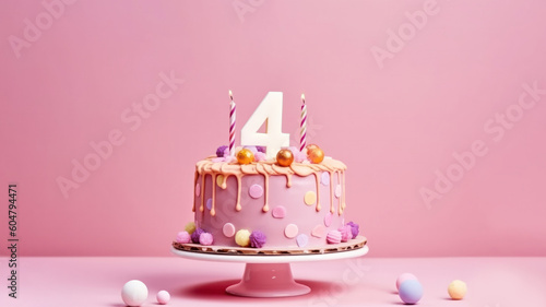 Birthday cake with four candle on pink pastel background. Generative AI.