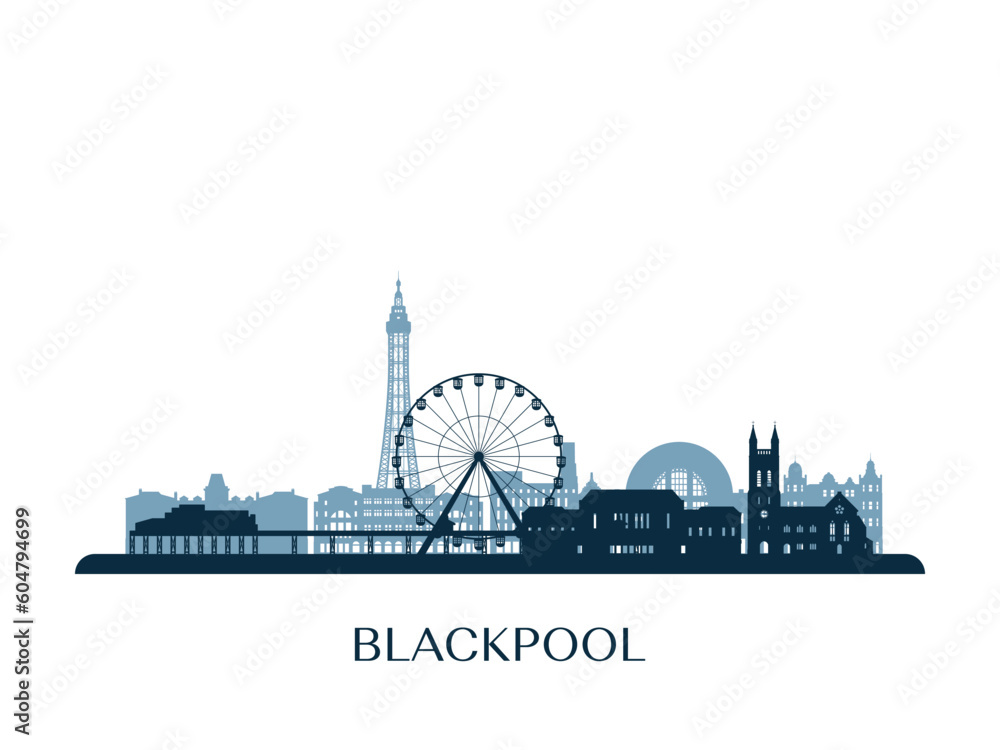 Blackpool skyline, monochrome silhouette. Vector illustration.