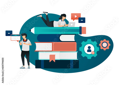 illustration of students studying on a pile of books. students learn and discuss online with the mechanism of distance education. for website, web, poster