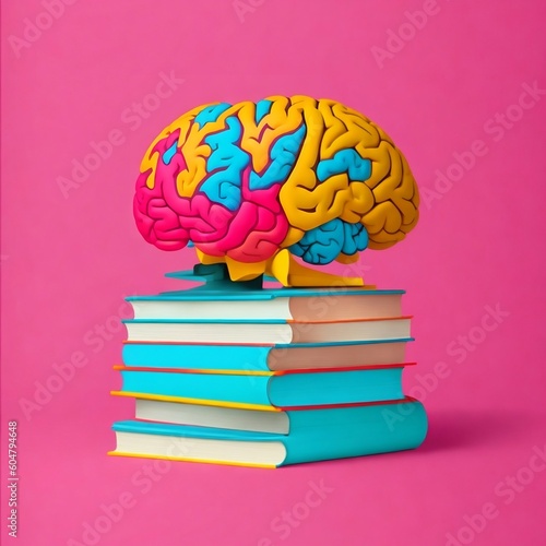 colorful brain with colorful books in pink background.