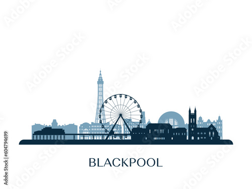 Blackpool skyline, monochrome silhouette. Vector illustration.