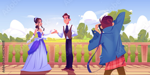 Prince and princess posing for photographer in garden. Vector cartoon illustration of young man and woman holding hands, smiling on camera, standing on palace balcony. Royal engagement ceremony