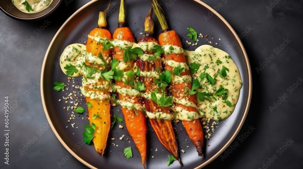 Rainbow roasted carrots with gremolata herb condiment and tahini sauce on plate over green tile backdrop, top view generative ai variation 5 Rainbow roasted carrots with gremolata herb condiment and tahini sauce on plate over green tile backdrop, top view generative ai variation 5