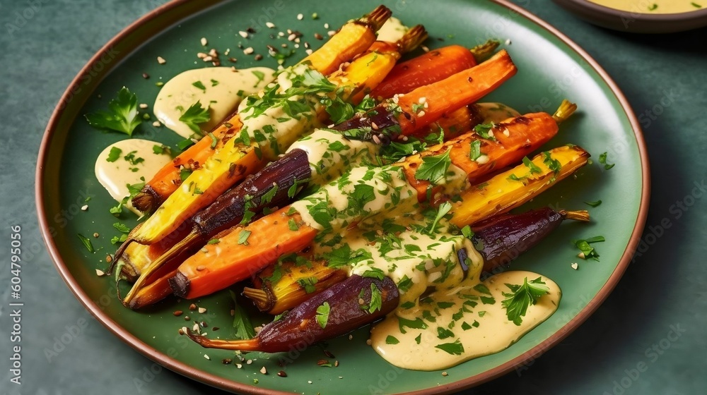 Rainbow roasted carrots with gremolata herb condiment and tahini sauce on plate over green tile backdrop, top view generative ai variation 6 Rainbow roasted carrots with gremolata herb condiment and tahini sauce on plate over green tile backdrop, top view generative ai variation 6