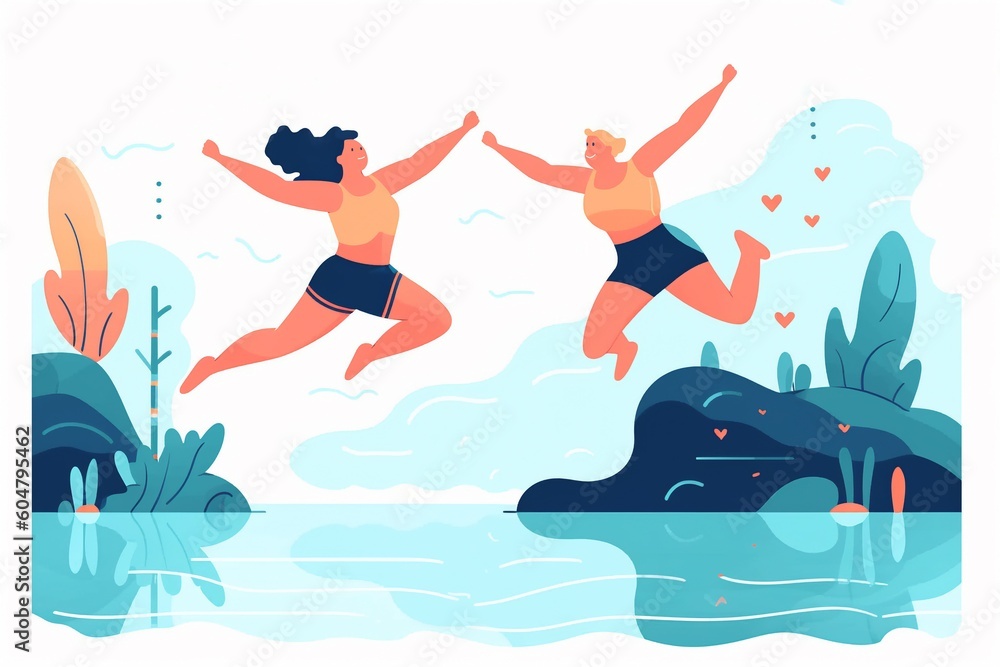 Generative AI. Young girls jumping from the pier. People on vacation, summer travel activities and fun. Joyful and happy women with float ring jumps in water, swimming in sea isolated vector scene